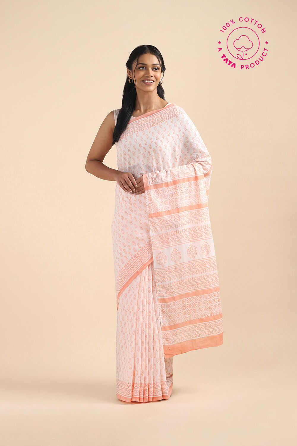 Off Pure White Cotton Sanganeri Printed image number null