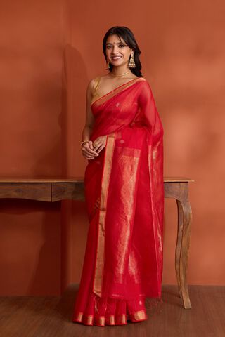 Red Pure Silk Cotton Bengal Woven Saree thumbnail image number null