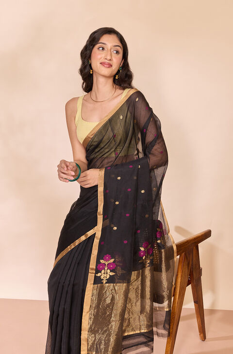 Black Woven Pure Silk Cotton Chanderi Saree