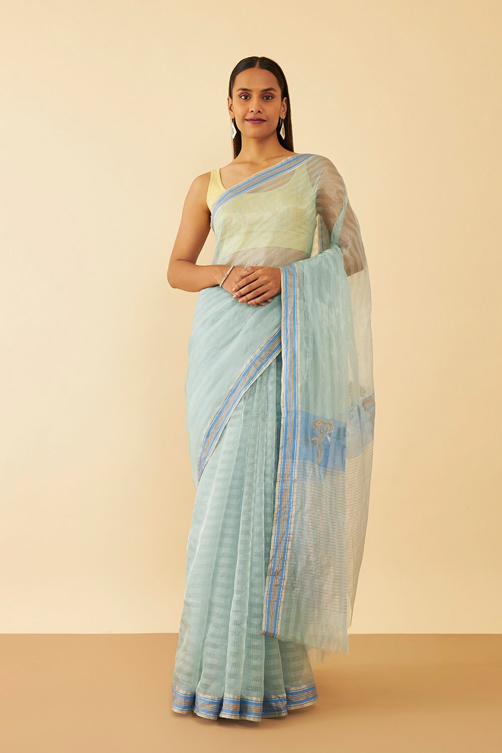 Blue Woven Pure Silk Tissue Chanderi Saree image number null