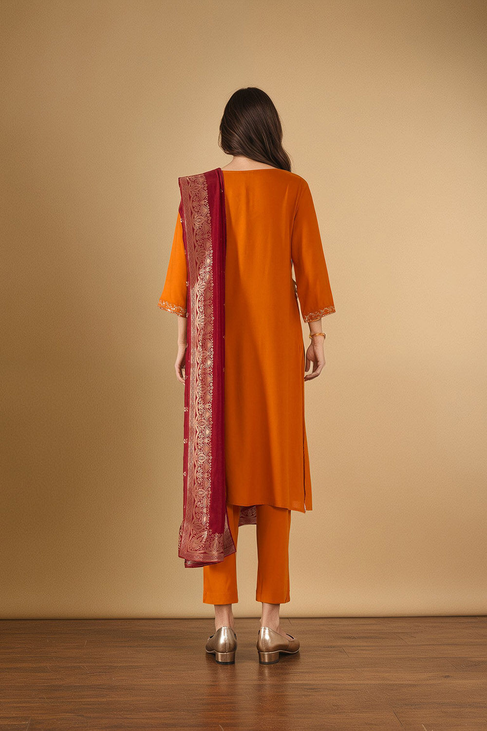 Orange Viscose Embroidered Kurta Set image number null