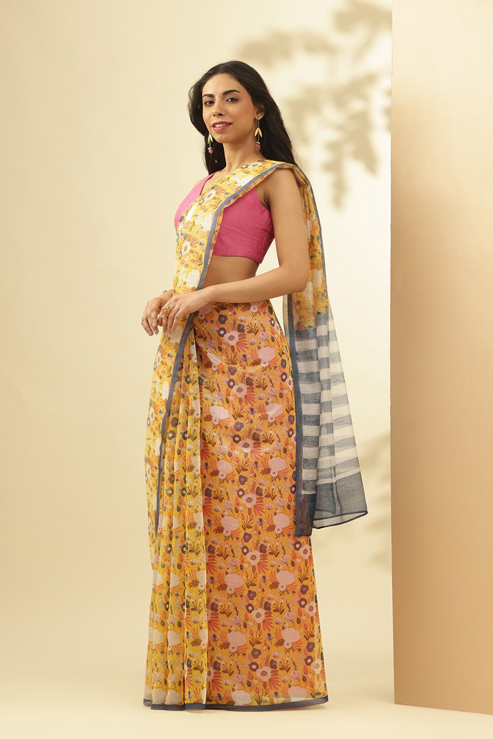 Yellow Screen printed Pure Silk Cotton Saree image number null