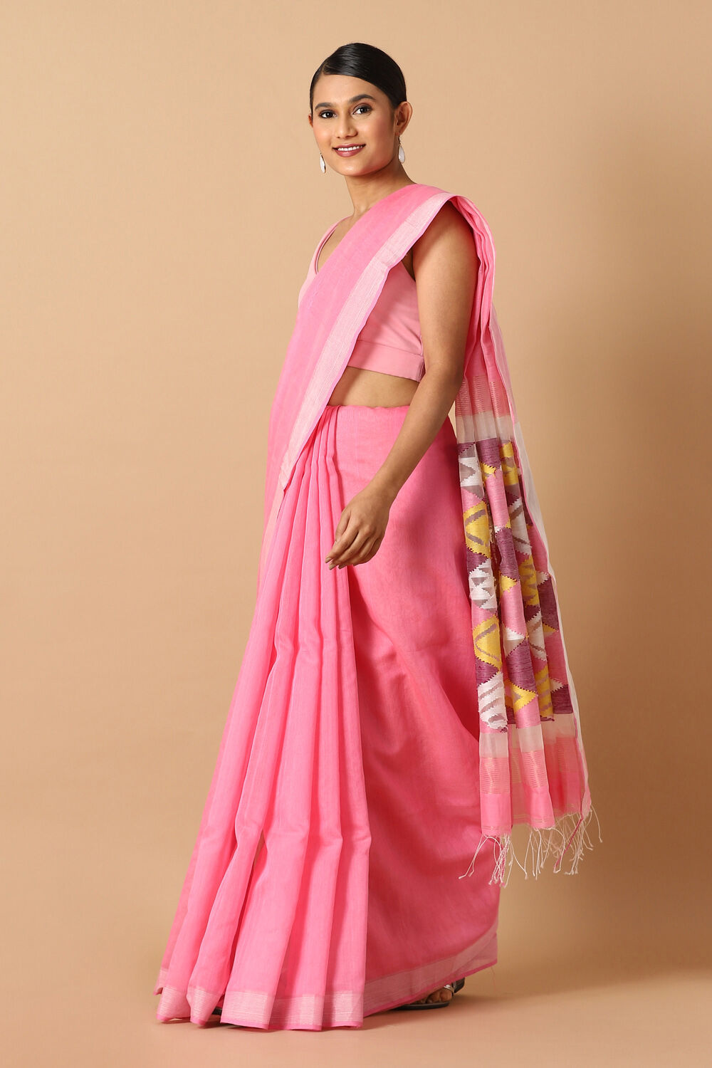 Light Pink Pure Silk Cotton Jamdani Saree image number null