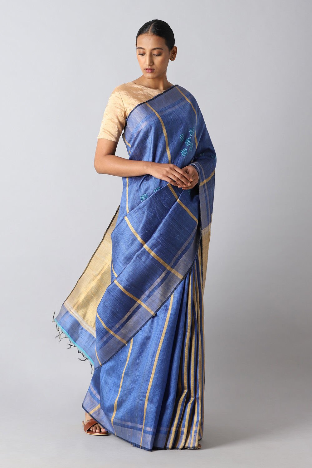 Dark Blue Pure Tussar Silk Bhagalpuri Saree image number null