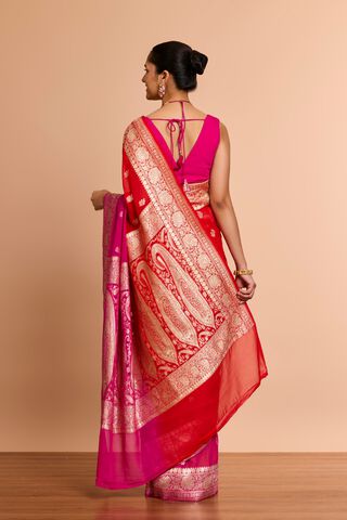 Red Pure Silk Georgette Cutwork Banaras Saree thumbnail image number null