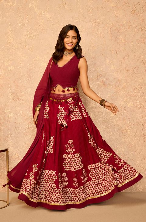 Dark Red Pure Cotton Printed Embroidery Lehenga Set
