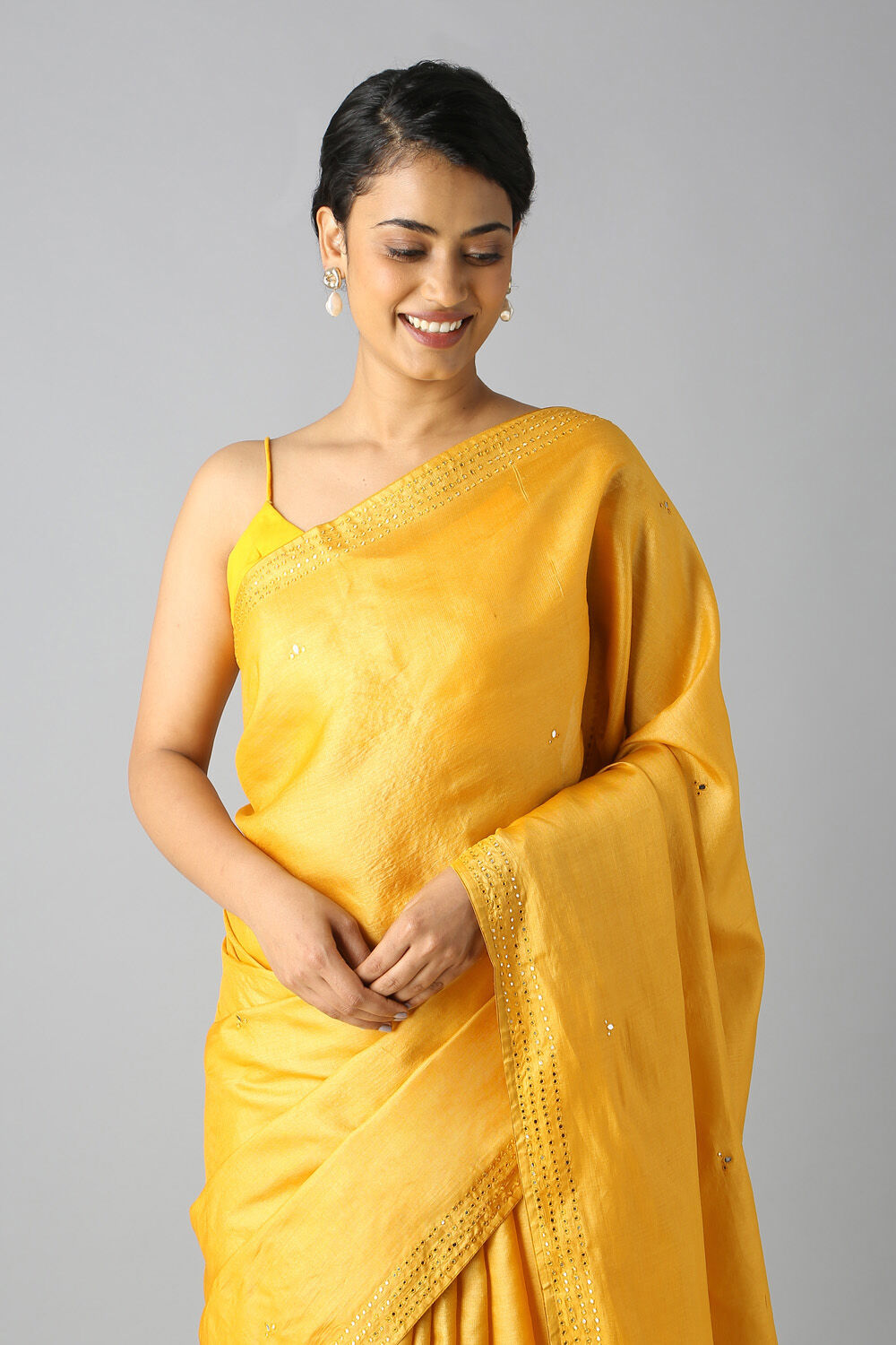 Yellow Pure Tussar Silk Embroidered Saree image number null