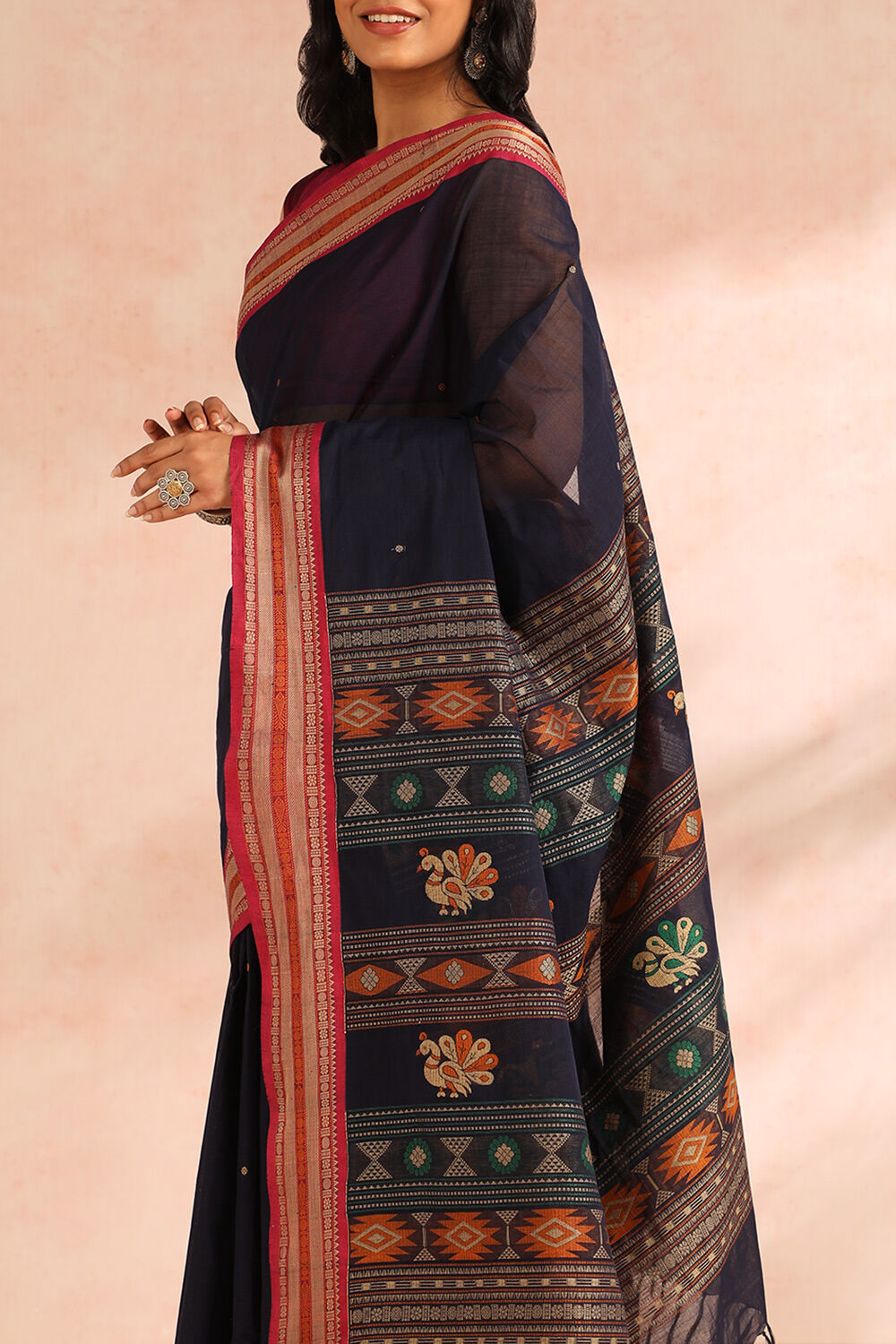 Navy Woven Pure Cotton Saree image number null