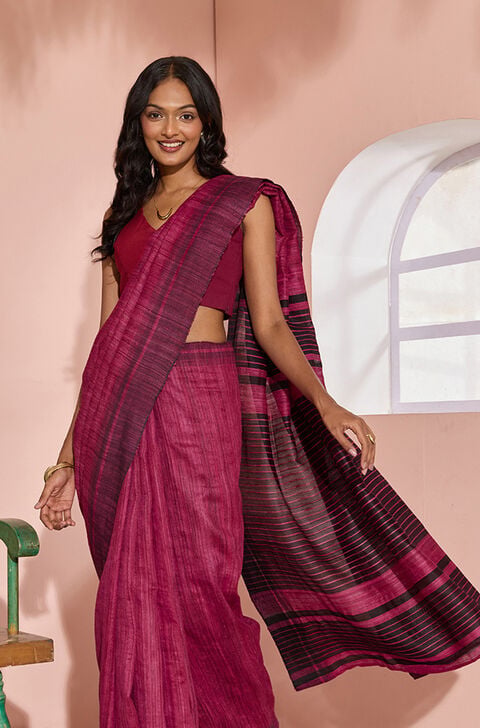 Dark Pink Woven Pure Tussar Silk Bhagalpur Saree