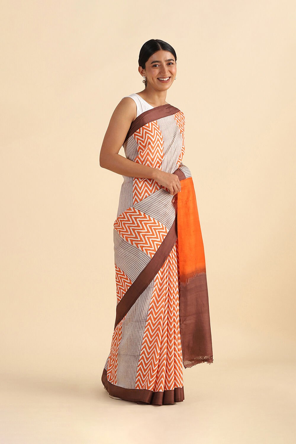 Orange Hand Blockprinted Pure Silk Saree image number null