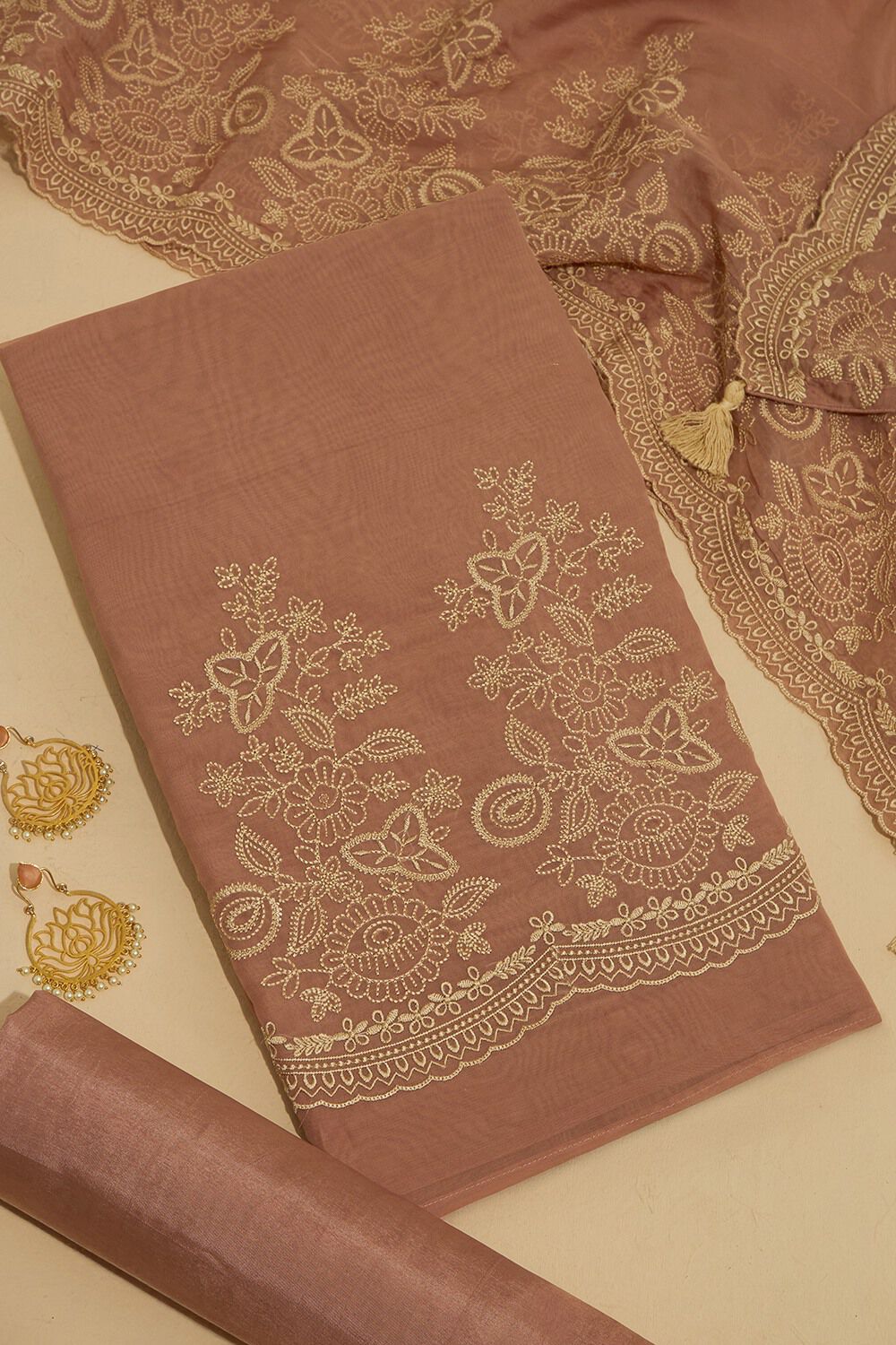 Brown Viscose Embroidered Unstitched Suit Set image number null