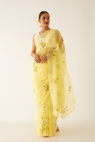 Yellow Viscose Organza Embroidered Saree thumbnail image number null