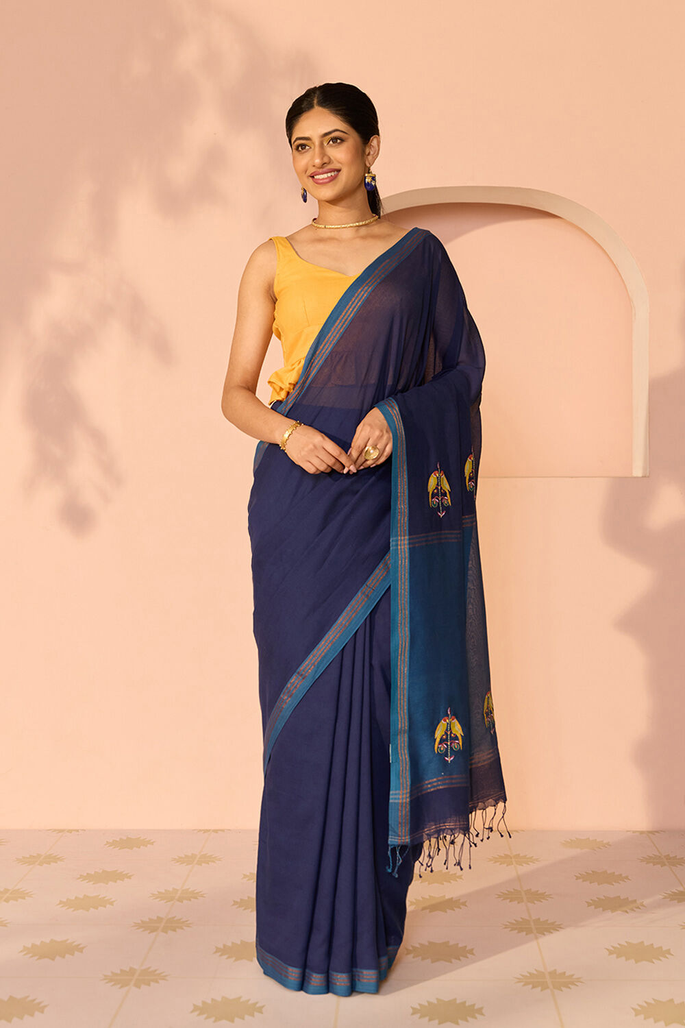 Dark Blue Bengal Pure Cotton Embroidery Saree image number null