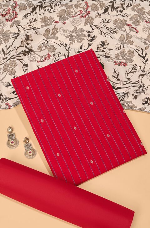 Red Woven Pure Cotton Unstitched Suit Set