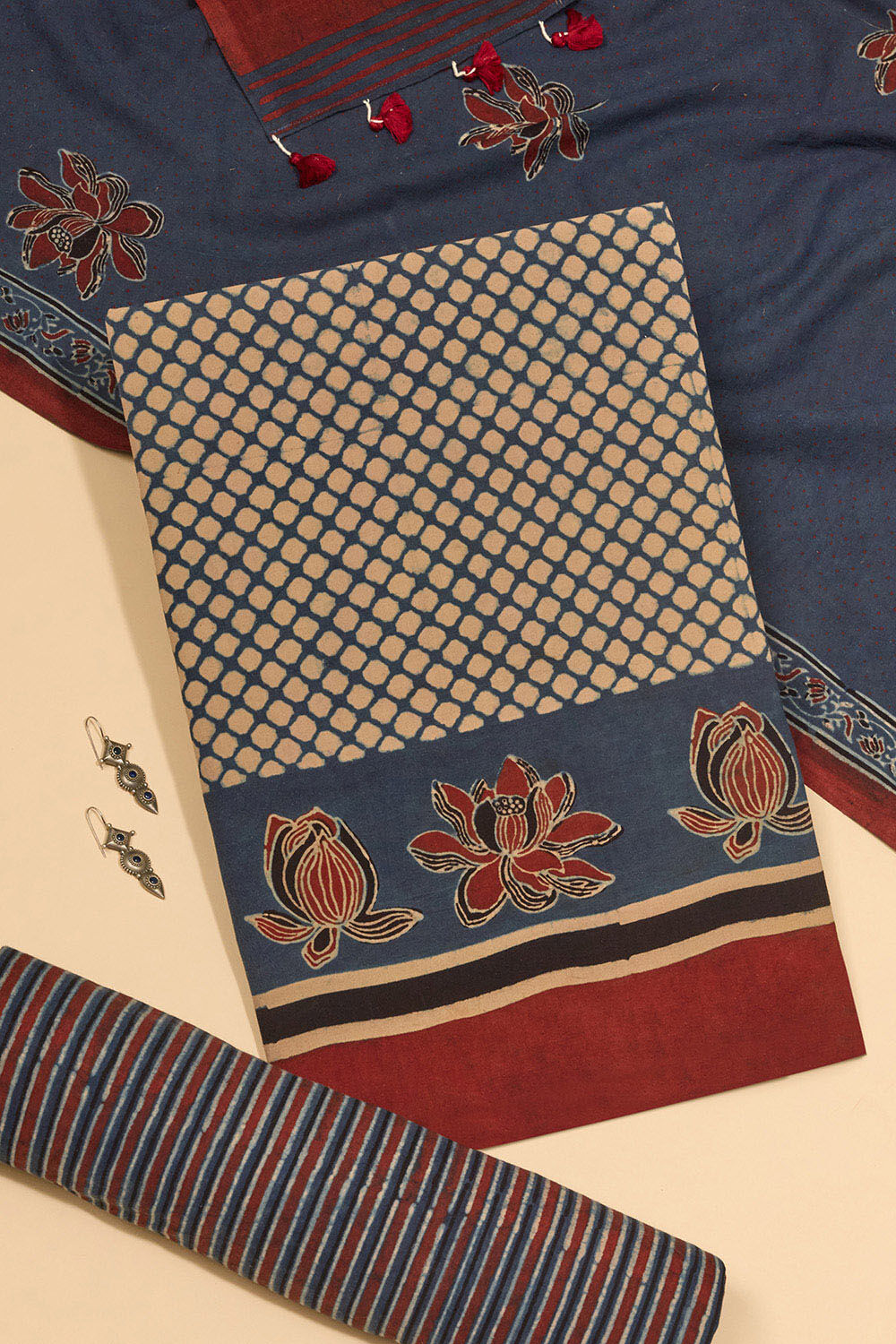 Blue Pure Cotton Ajrakh Unstitched Suit Set image number null