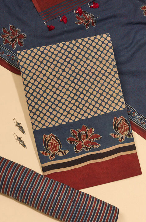 Blue Pure Cotton Ajrakh Unstitched Suit Set