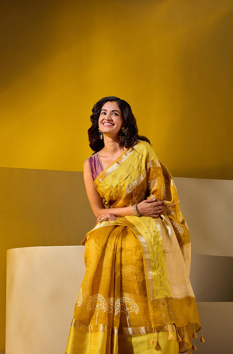 Yellow Pure Silk Organza Embroidered Saree