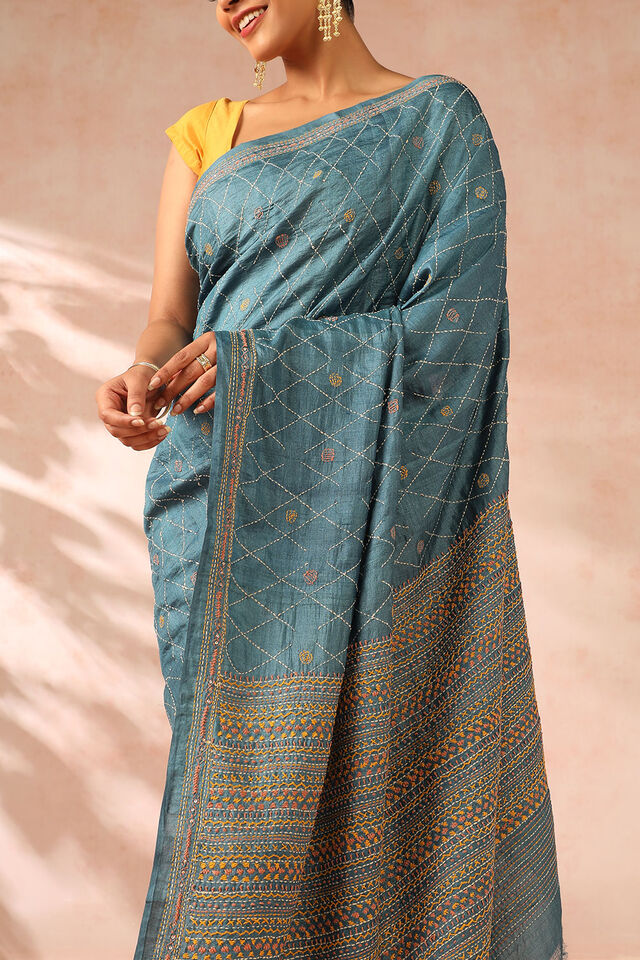Blue Bengal Pure Tussar Silk Embroidery Saree