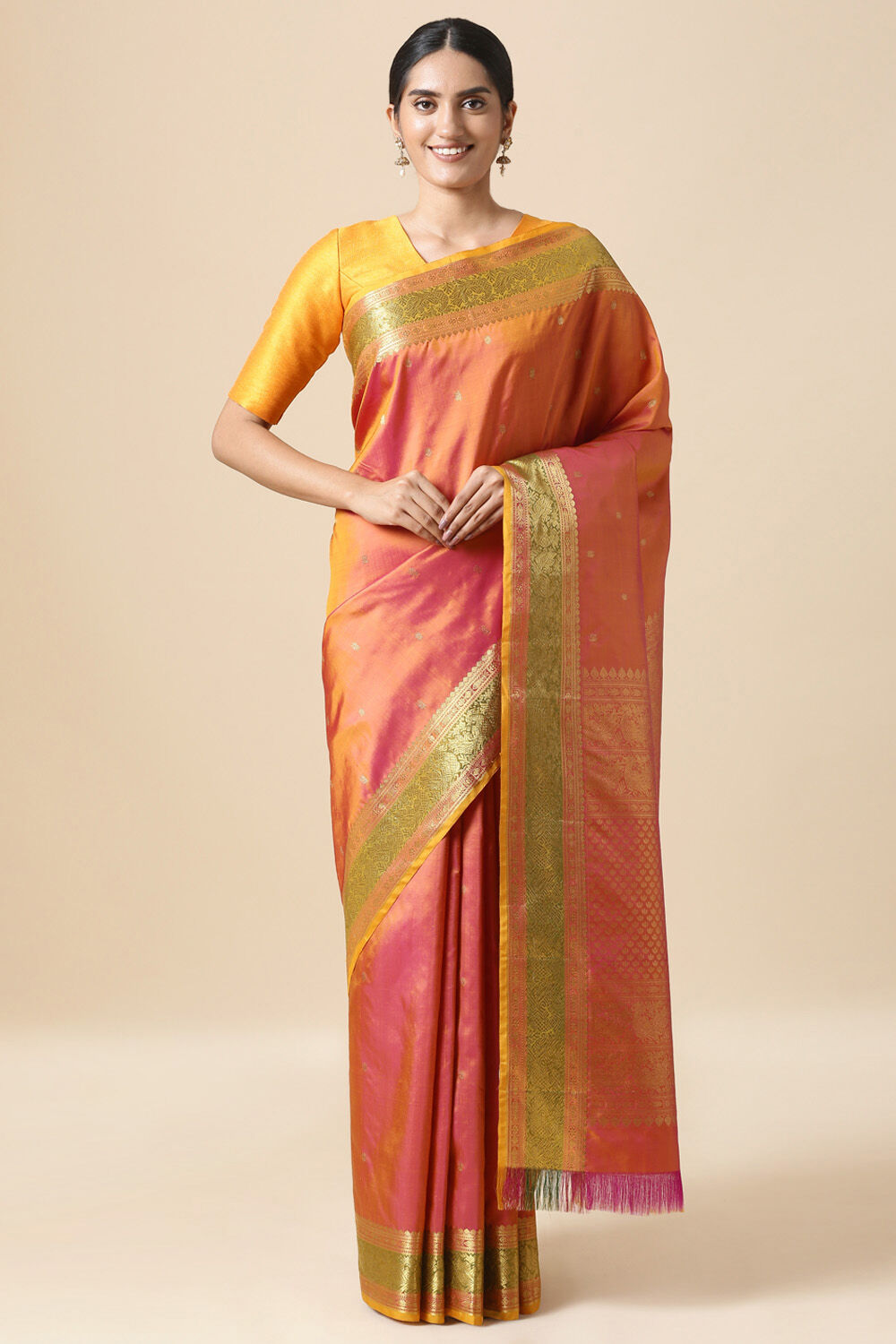 Orange Pink Kanjivaram Pure Silk Saree image number null