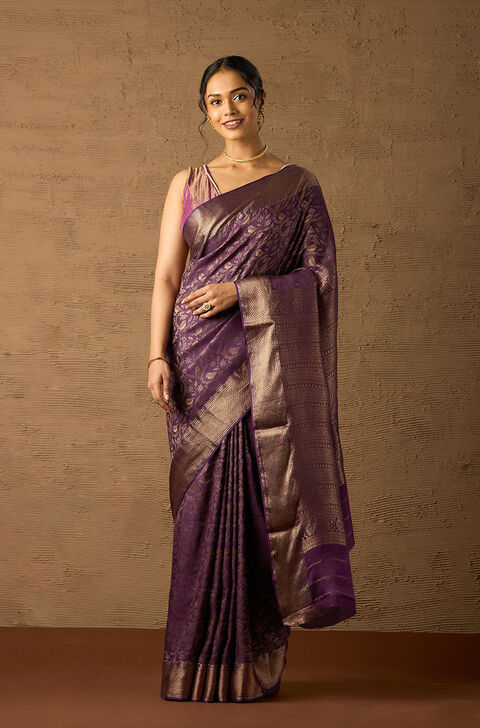 Violet Woven Pure Silk Crepe Saree
