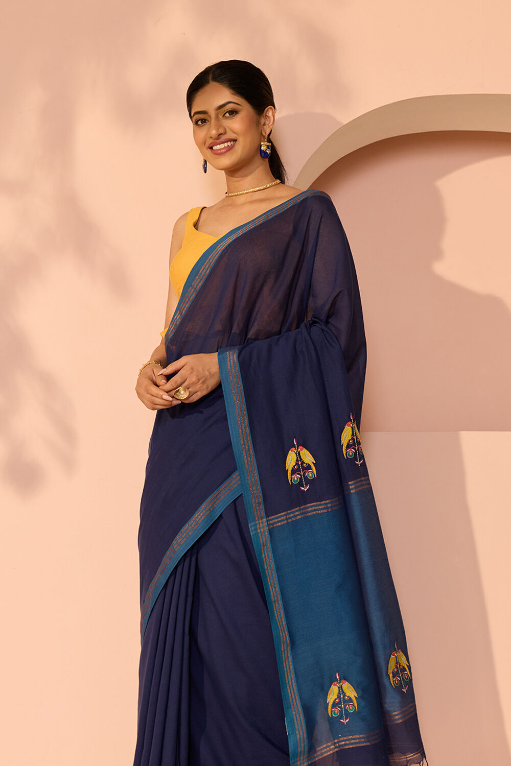 Dark Blue Bengal Pure Cotton Embroidery Saree image number null