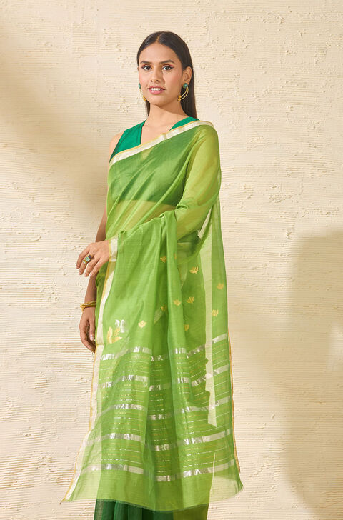 Dark Green Woven Pure Silk Cotton Chanderi Saree