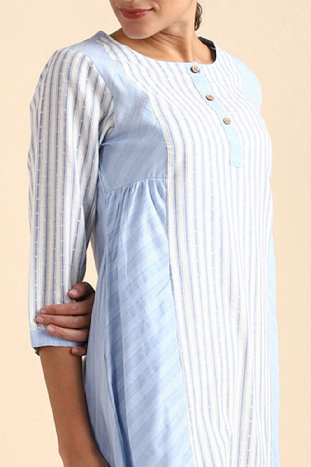 Light Blue Cotton Striped woven Kurta image number null