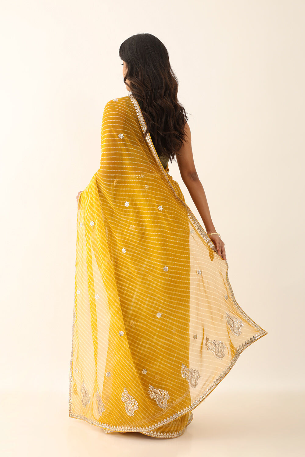 Girls Yellow & Black Solid Gotta Patti Silk Saree Blouse With Saree