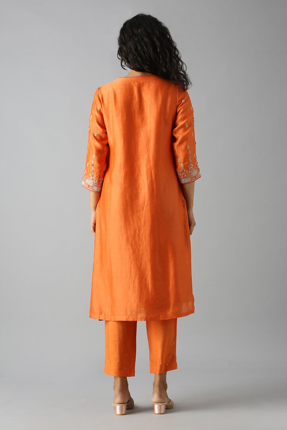 Orange Embroidered Silk Cotton Kurta Set image number null