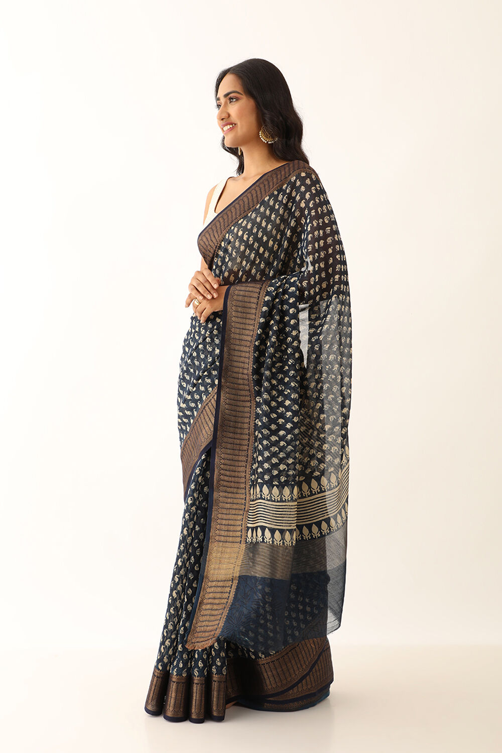Dark Blue Pure Silk Cotton Block Printed Saree image number null