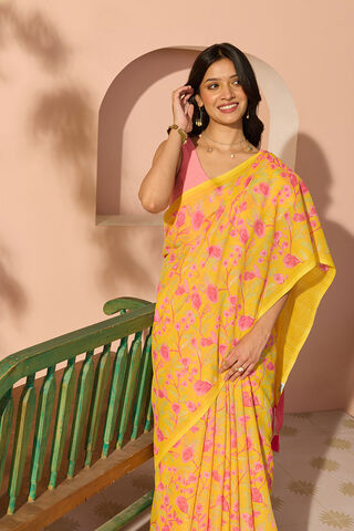 Yellow Bengal Screen Printed Pure Cotton Mulmul Saree image number