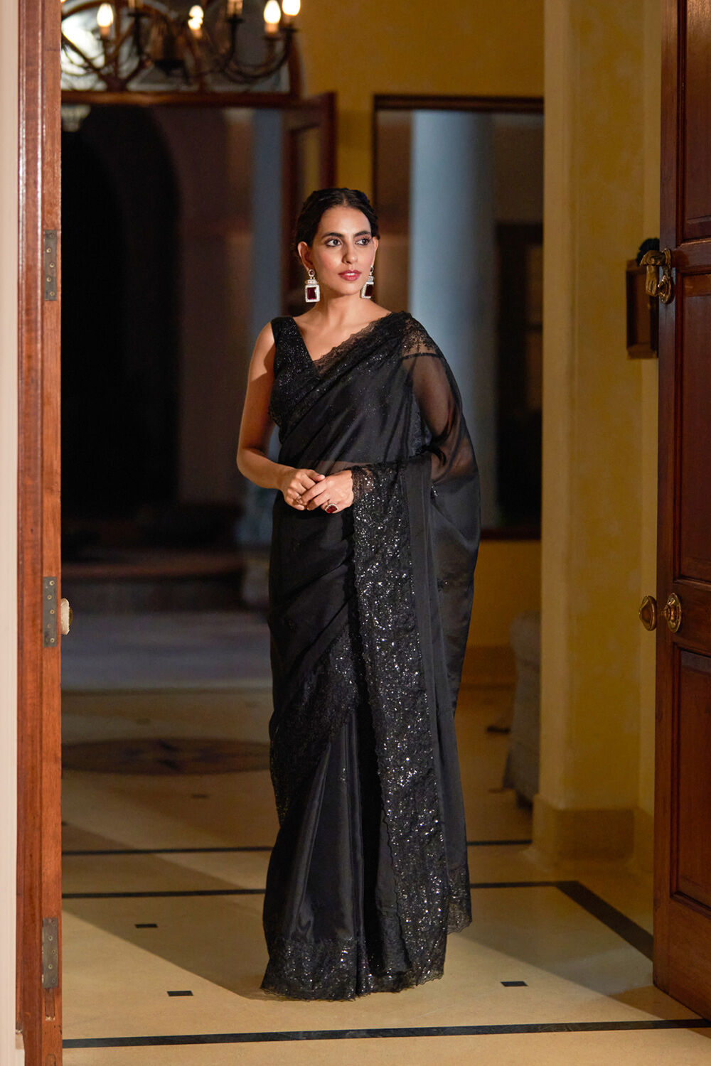 Black Viscose Organza Embroidery Saree image number null