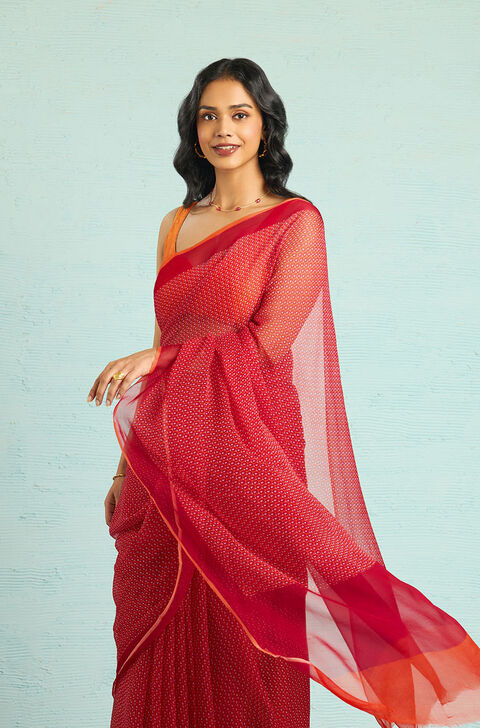 Orange Screen Printed Viscose Chiffon Saree