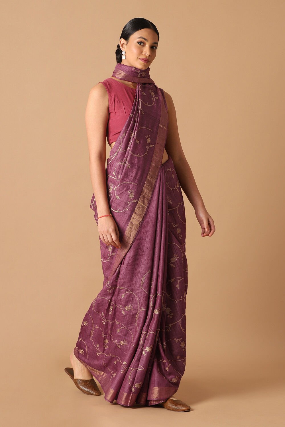 Dark Pure Pink Tussar Embroidered Saree image number null