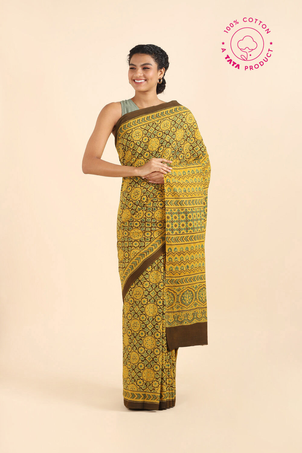 Yellow Pure Cotton Ajrakh Printed Saree image number null