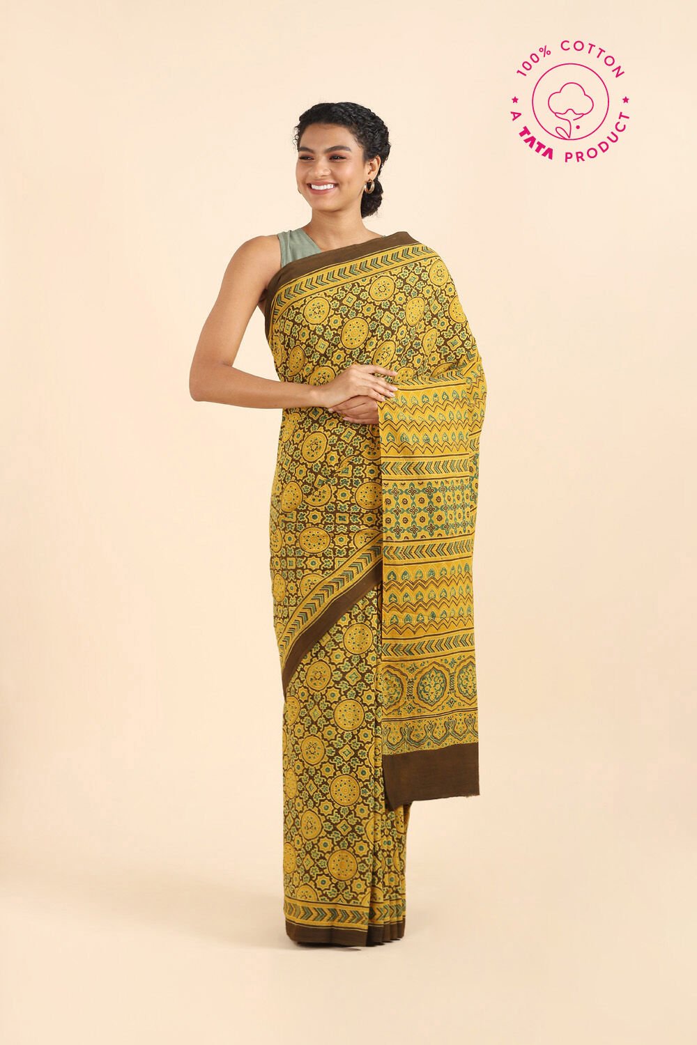 Yellow Pure Cotton Ajrakh Printed Saree image number null
