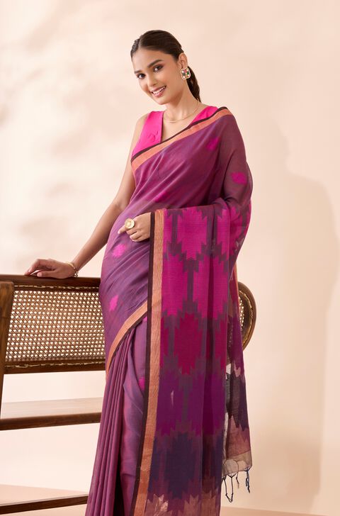 Purple Woven Pure Cotton Bengal Saree