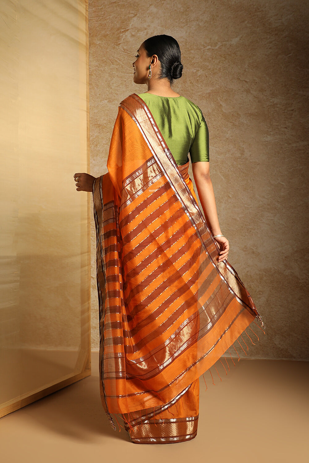 Orange Woven Pure Silk Cotton Maheshwari Saree image number null