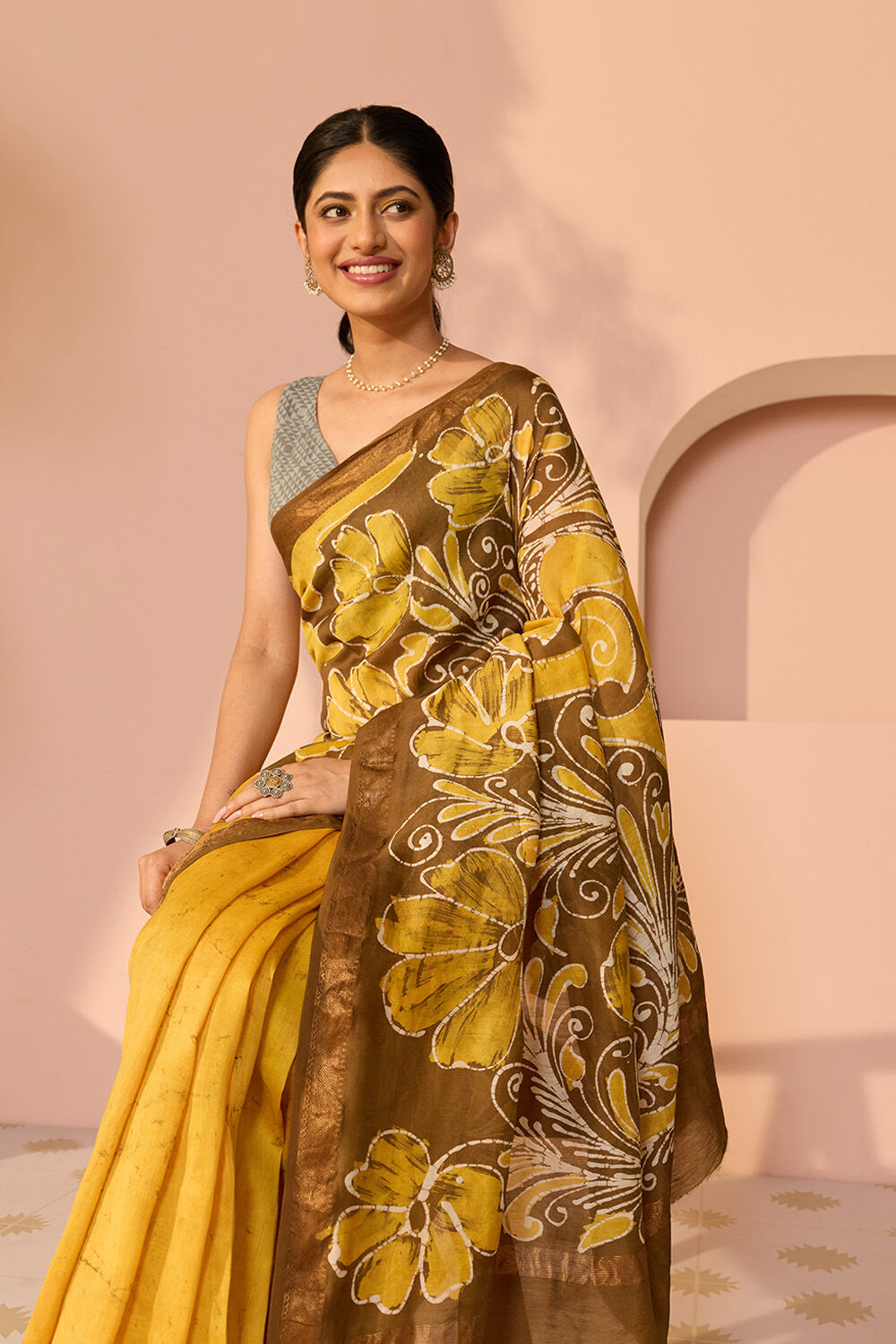 Yellow Ujjain Pure Silk Cotton Batik Saree image number null