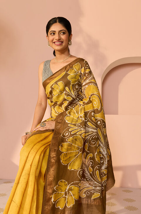 Yellow Ujjain Pure Silk Cotton Batik Saree