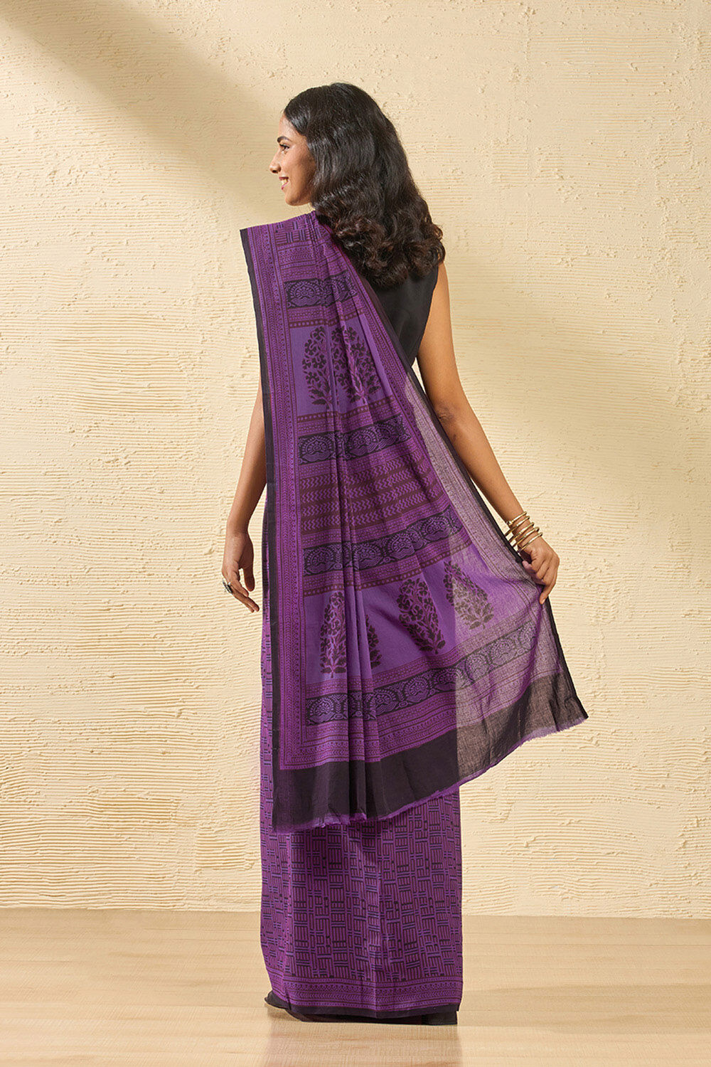 Purple Bagh Block Printed Pure Cotton Saree image number null