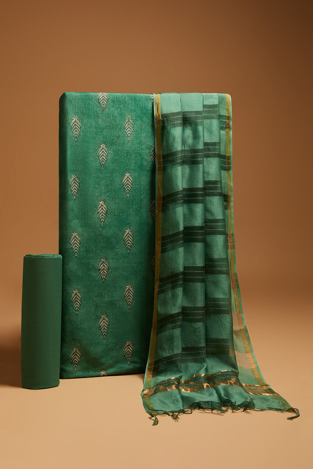 Dark Green Block Printed Pure Tussar Silk Unstitched Suit Set image number null
