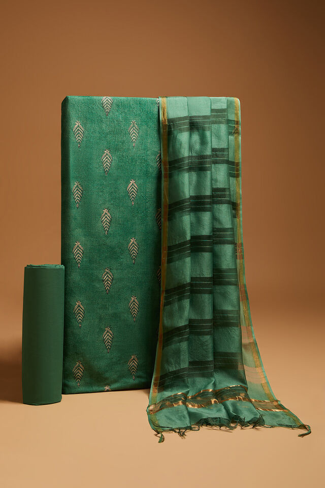 Dark Green Block Printed Pure Tussar Silk Unstitched Suit Set