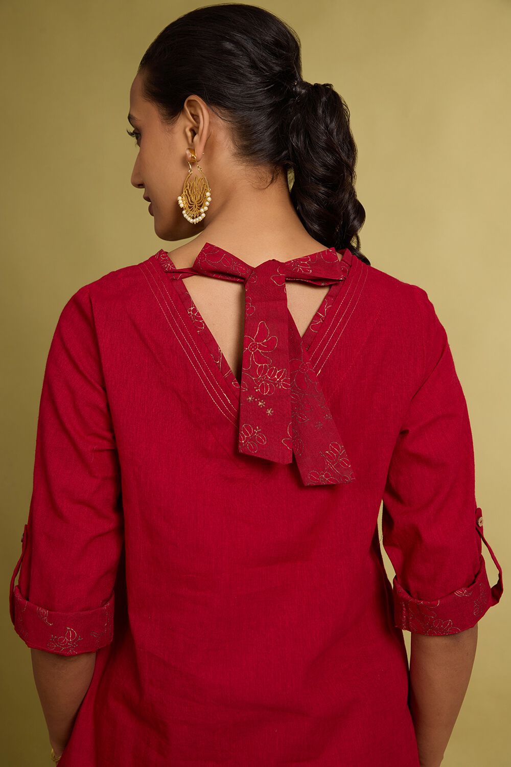 Dark Red Woven Pure Cotton Short Top image number null