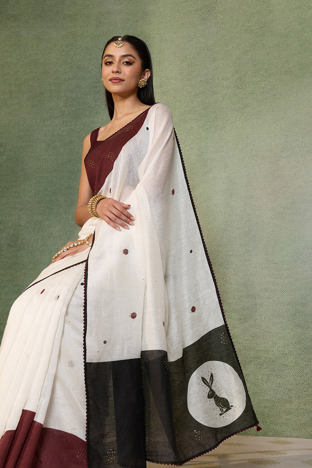 Off White Block Printed Pure Silk Linen Saree image number null