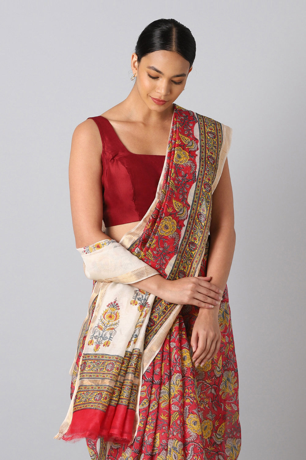 Dark Pink Pure Silk Cotton Sanganeri Printed Saree image number null