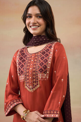Dark Orange Pure Viscose Embroidered Kurta Set thumbnail image number null