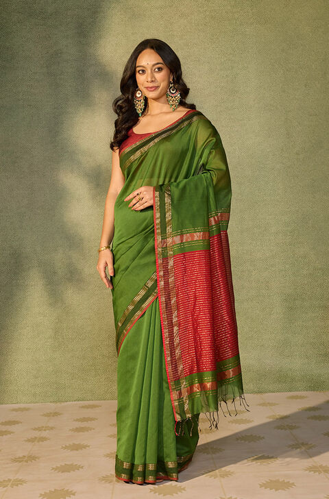 Green Woven Pure Silk Cotton Maheshwari Saree