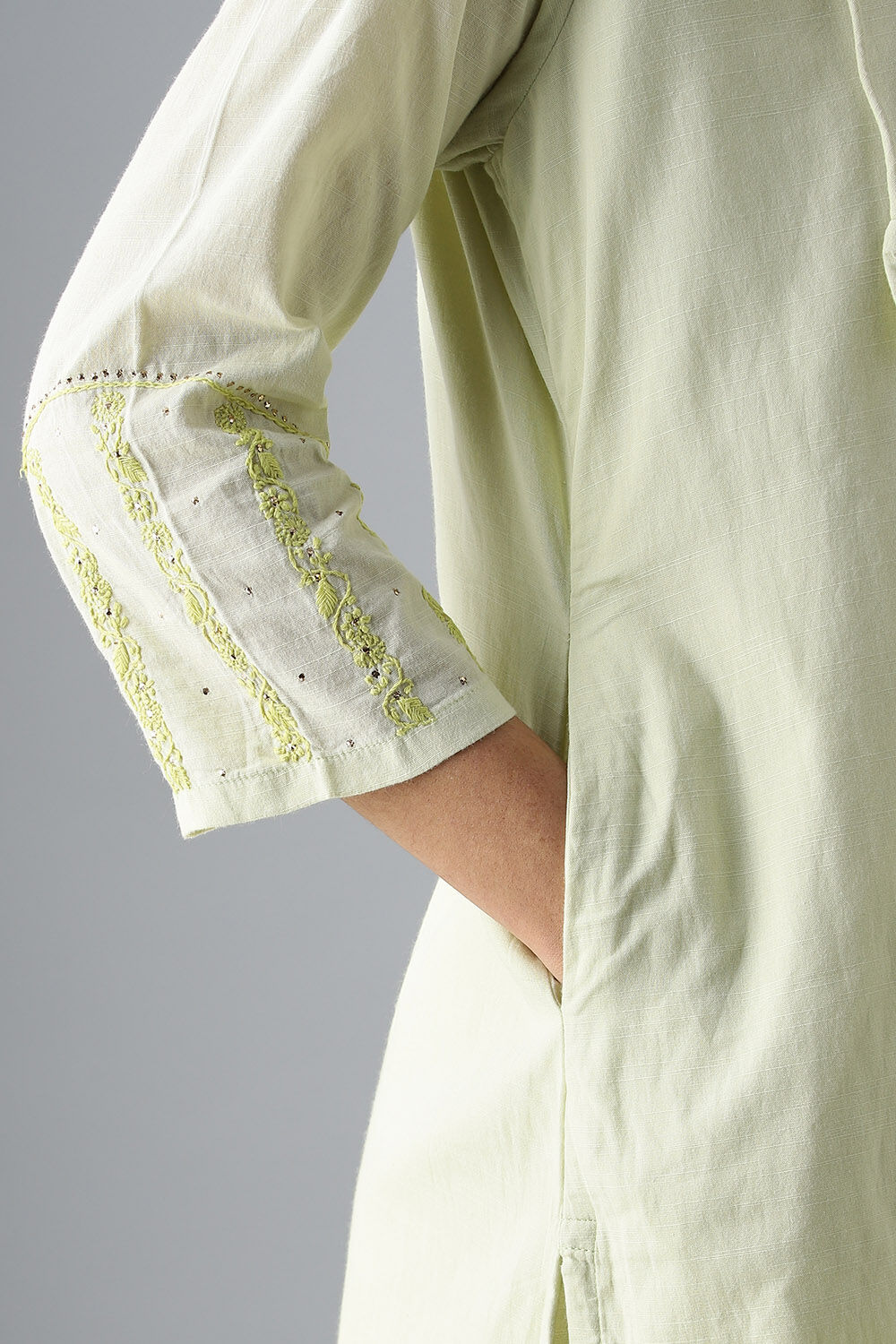 Light Green Embroidered Cotton Kurta image number null