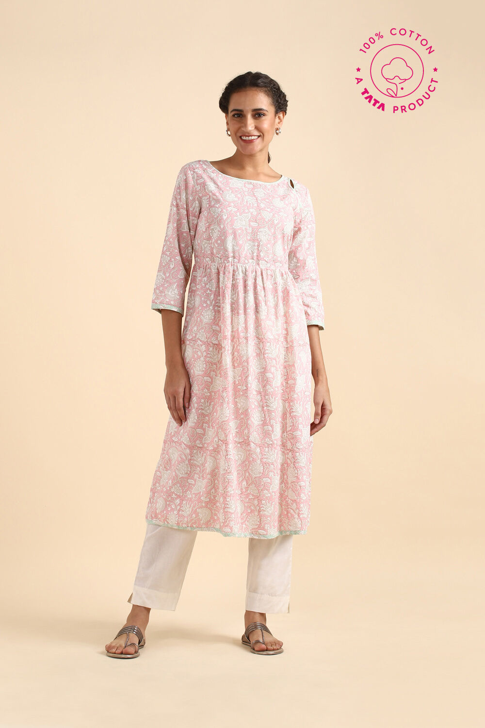 Light Pink Cotton Block Printed Kurta image number null